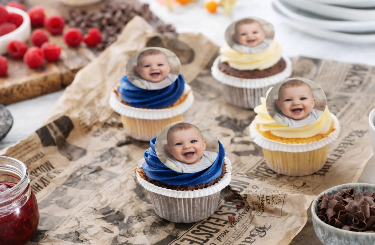 Cupcakes til dåp med bilde av barnet printet på spiselig rispapir