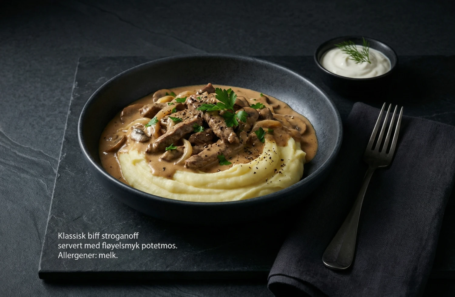 Biff stroganoff med potetmos